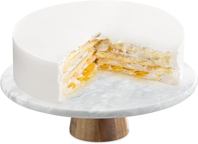 Navaris Marble Cake Stand - 11 3/4" Diameter Pedestal Spinner with Marble Plate and Wood Base - Round Turntable for Serving Desserts, Wedding Cakes