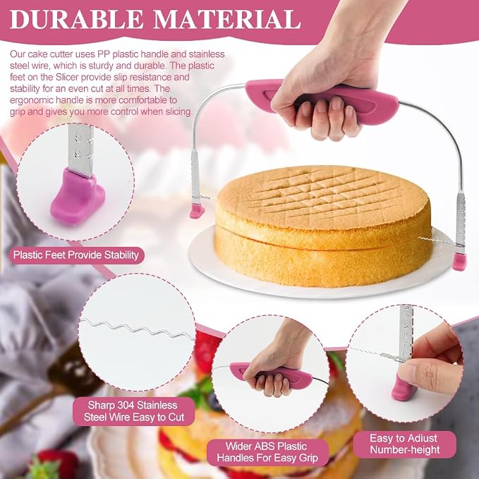 Adjustable Cake Leveler Cutter With 3PCS Cake Scrapers Set,Baking Supplies Tool for Kitchen,Large Size Cake-Cutter Slicer for Leveling,Single Stainless Steel Wire & Plastic Handle(COLOR:Rose Red)
