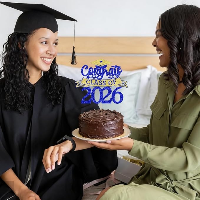 Glitter Class of 2026 Cake Topper，Congrats Grad Decorations， 2026 Happy Graduation High School/College/University Graduation Party Supplies Dark Blue and Gold