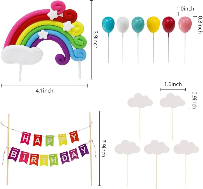 MEMOVAN Rainbow Cake Topper 15pcs Happy Birthday Cake Flag Banner, Colorful Rainbow Clouds Balloon Ball Cake Cupcake Topper Colorful Rainbows Cake Decoration for Boys Girls Birthday Baby Shower Party