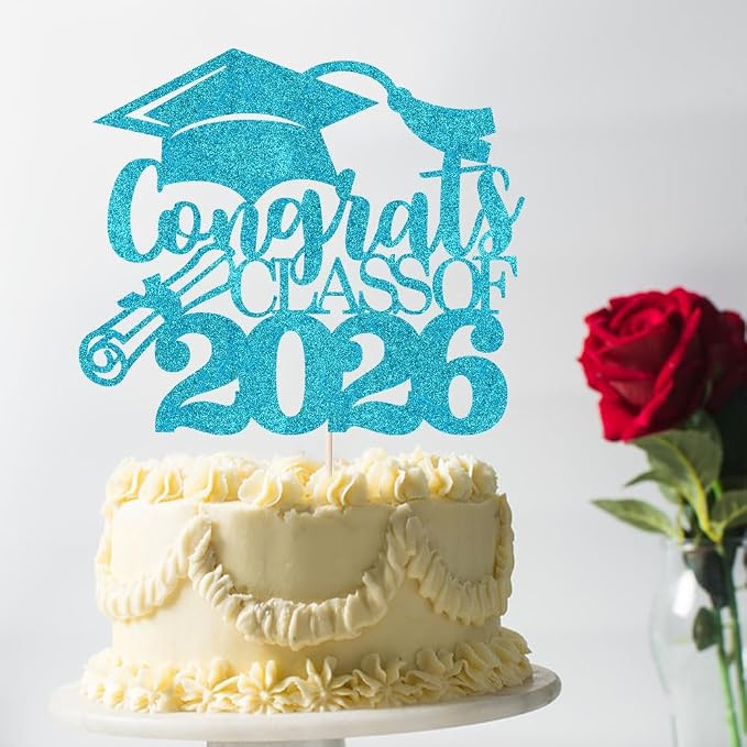 Congrats Class Of 2026 Cake Topper, Glitter Graduation Party Supplies - High School College Graduates -College Graduate Cake Topper Decorations Supplies (blue)