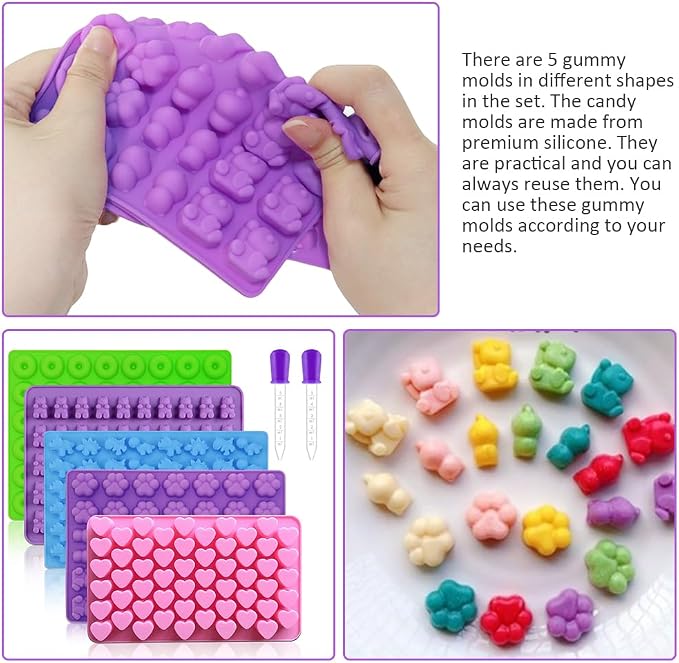 Silicone Gummy Molds Set of 5, Candy Molds with 2 Droppers for Convenient Filling, Chocolate Molds Set Includes Dinosaur, Bear, Donut, Heart and Cat Shapes