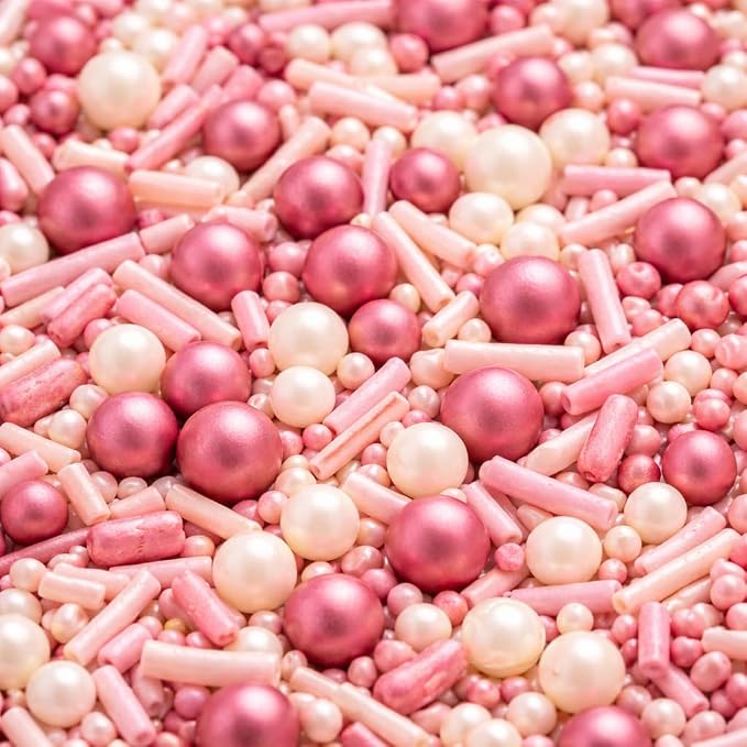 Confect Pink Mauve & Ivory Sprinkle Mix – Bake Stable Non Bleeding Edible Pearls & Metallic Dragees for Cake Decorating, Cupcakes, Cookies & Desserts- 4.2 Oz