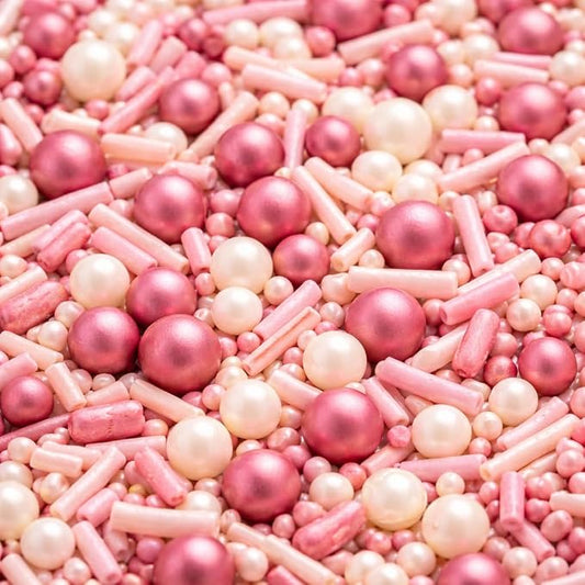 Confect Pink Mauve & Ivory Sprinkle Mix – Bake Stable Non Bleeding Edible Pearls & Metallic Dragees for Cake Decorating, Cupcakes, Cookies & Desserts- 4.2 Oz