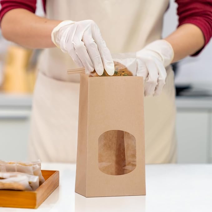 Eupako 4.5x2.36x9.6" Bakery Bags With Window - 50 PCS Brown Tin Tie Tab Lock Kraft Paper Bags for Cookies, Coffee - Includes 50 PCS Handmade Stickers