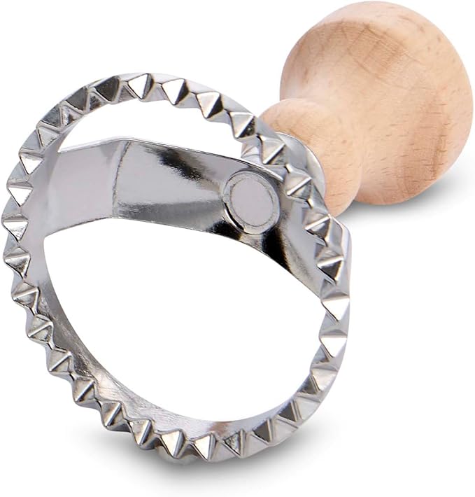 Fantes Ravioli Maker Stamp Set, Round Stamp with Wooden Handle and Fluted Edge, 2.5-Inch, The Italian Market Original since 1906