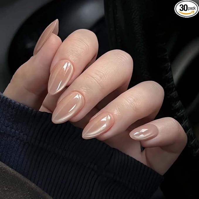 30Pcs Press on Nails Short Almond ZWENJIE Cat Eye Fake Nails Press ons Nail Tips Stick on Nails Tip Acrylic Nails Kit French False Nails with Light Coffee Design Nail Art for Women Manicure