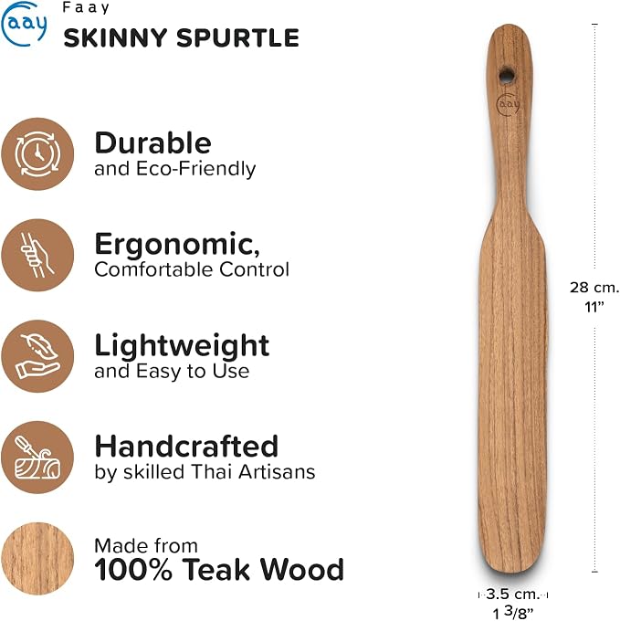 FAAY Teak Wooden Skinny Spurtle Spatula for Sourdough Starter & Jars | Slim angled tip reaches jar bottoms and pan corners; ergonomic teak handle, no lacquer, coconut oil finish, nonstick-safe.