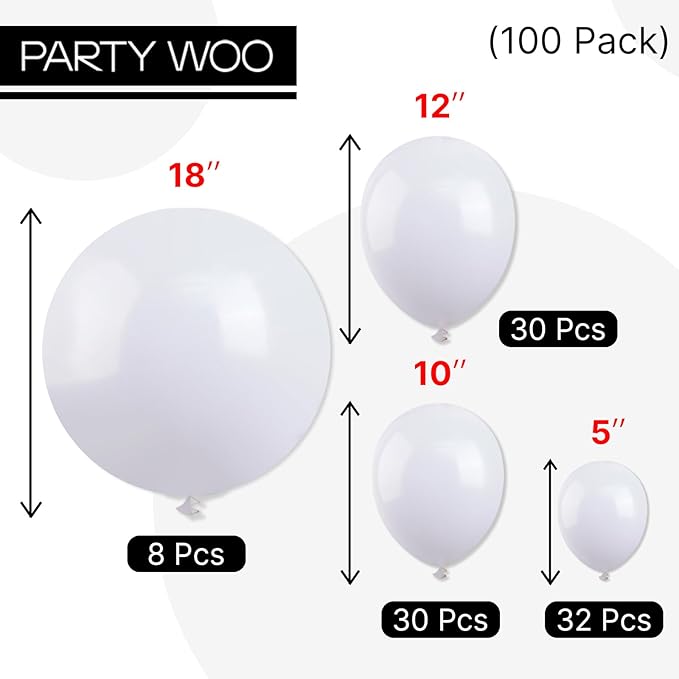 PartyWoo White Balloons 100pcs Different Sizes Pack of 18 12 10 5 Inch Matte White Latex Balloon Arch Kit Garland for Wedding Bridal Graduation Baby Shower Birthday Party Decorations White-Y13