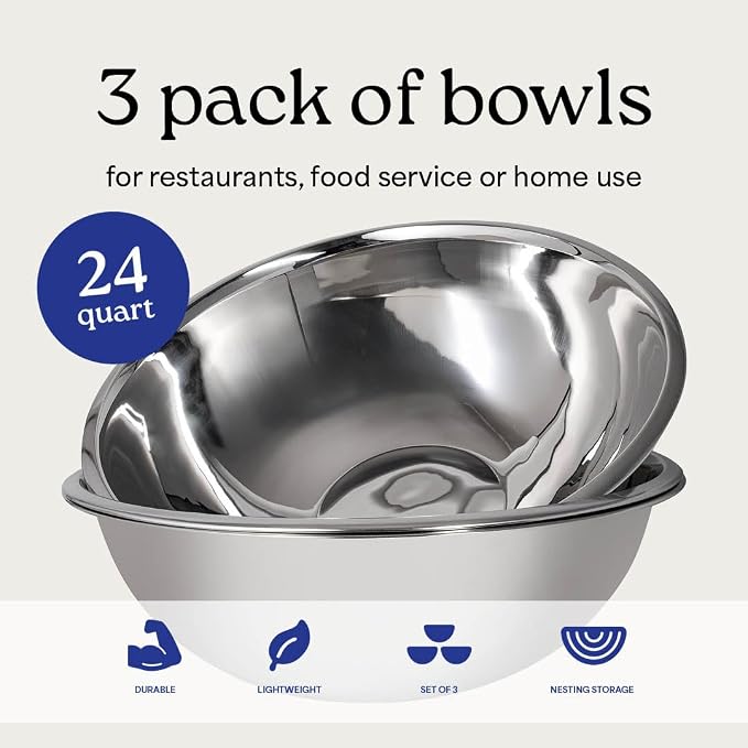 WHYSKO® Large Mixing Bowls, Set of 3 Stainless Steel 24 Quart Bowls for Restaurants, Food Service, Caterers and Home Kitchen Use, Rust Proof Bowls Great for Meal Prep, Baking, Serving, Food Storage