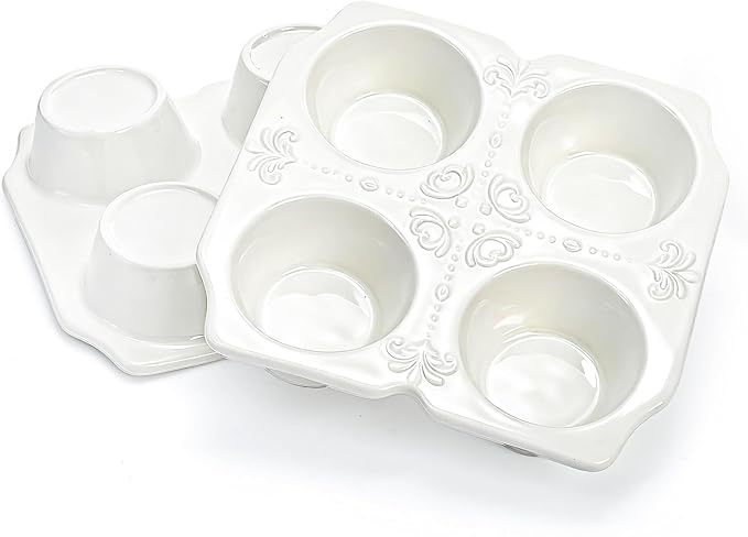 Hiceeden 2 Pack 4-Cup Ceramic Muffin Pan, Nonstick Muffin Tin with Handle, Ceramic Cupcake Baking Pans with Embossed Pattern for Muffin, Cupcake, White, 7.5" x 7" x 1.6"