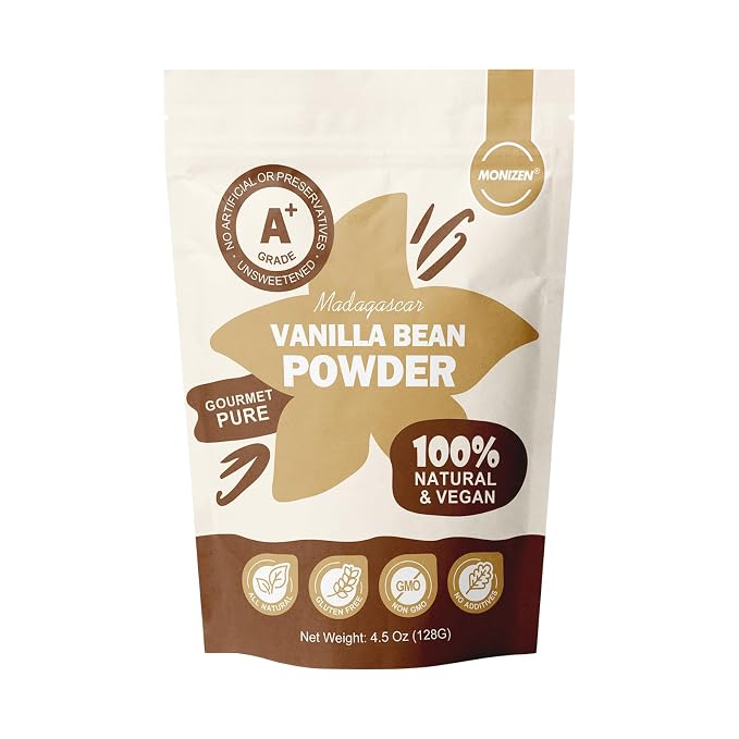 MONIZEN Pure Madagascar Vanilla Powder 4.5 oz, A+ Grade Whole Bean Ground Fine Gourmet Madagascar Vanilla, No Additives for Baking Desserts Drinks Smoothies Ice Cream 128g