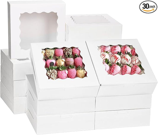Moretoes 30pcs Bakery Boxes, 8x8x2.5 Cookie Boxes with Window, White Treat Containers for Donuts, Chocolate Strawberries, Pie, Birthday Party, Mother's Day, Weddings