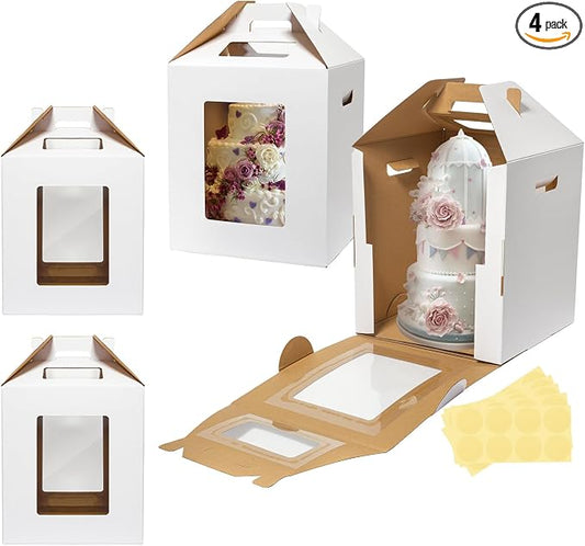 Wowxyz 4 Pack 2 Sizes Tall Cake Boxes for Tier Cakes 10x10x12 & 12x12x14 Inches Disposable Layer Baking Carrier with Window Large Tierd Bakery Take Out Transport Containers with Handle for Wedding
