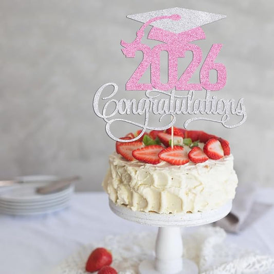 Silver pink 2026 Congratulations Graduation Cake Topper,Congrats Grad Cake Decor - 2026 High School/College/Senior Graduation Party Decorations Supplies