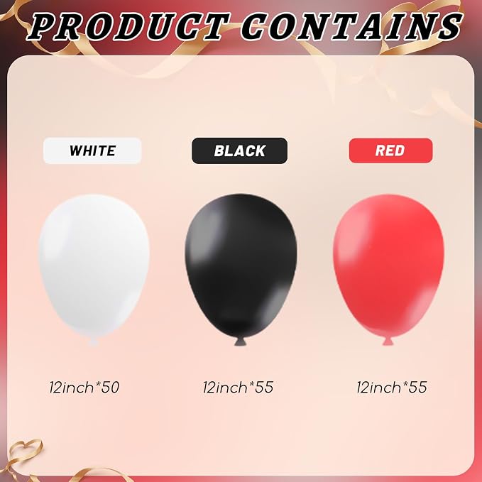 160Pcs Red Black White 12 Inch Matte Latex Balloons Bulk for Birthday Graduation Racing Car Poker Card Party Decorations