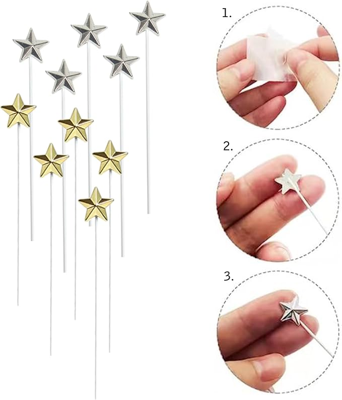 Happy Birthday Cake Topper - Black & Silver Stars (5pcs Each) for Party Decoration