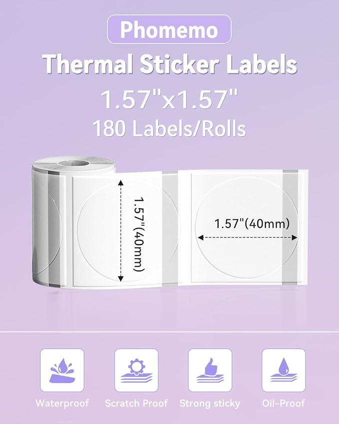 Phomemo Labels- 3 Rolls Clear Circle Label- M110/M220/M221/M120/M200 Transparent Thermal Paper 1.57"x1.57"(40x40mm)- Round Sticker Label for Logo/Barcode/Stickers/Address Labels