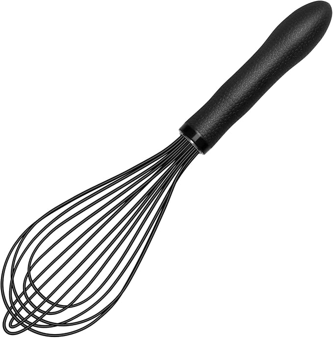 TEEVEA Silicone Whisk 11 Inch, Nonstick Heat Resistant for Cooking Baking | Black, food grade, dishwasher safe, stainless steel core, non-scratch, balloon shape, handheld, kitchen egg & batter mixing