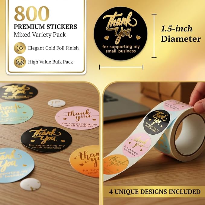 800 Thank You for Supporting My Small Business Stickers – 1.5" Round Labels (5 Designs, Multicolor) for Small Business, Packaging, and Bakery – Self-Adhesive Waterproof Thank You Sticker Roll