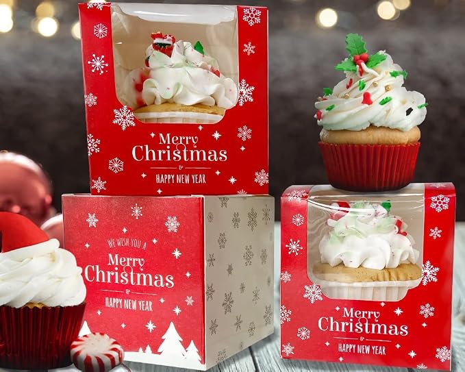 Happyhiram Christmas Cupcake Boxes 50 Pcs, Individual Cupcake Box Red and White with Christmas Trees insert and Window for Holiday Muffin Containers Single for Ornament Cocoa Bombs Packaging