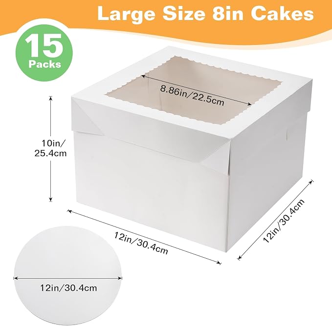 15Pcs 12x12x8 Inch Tall Cake Boxes with Clear Window & Cake Boards - Sturdy White Bakery Boxes with Scalloped Edge for Layer, Wedding, Birthday Cakes - Secure Transport for Professional & Home Bakers