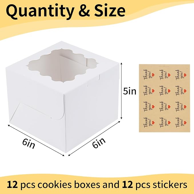WINKIO 12 Pieces Cookie Boxes with Window, 6×6×5 Inches White Treat Boxes for Bakery Dessert Pastry Mini Cake Favor Donut Baked Goods (with Stickers)