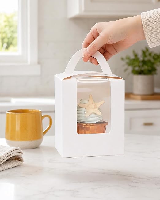 qiqee Auto-pop White Cupcake Boxes Individual Disposable 3.7"x3.7"x4.5" 200pcs Cupcake Disposable Single Box with Window