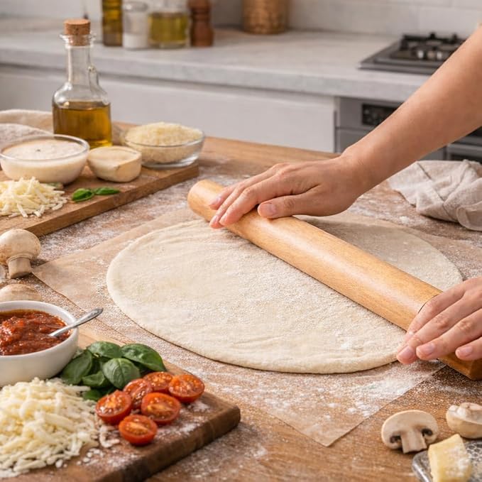 15.5 Inch Straight Rolling Pin – Lightweight Solid Wood, Unfinished & Chemical-Free, Natural Grain Texture (Not Smooth), for Pizza, Pastry, Pie – Rustic Charm, Great for Beginners