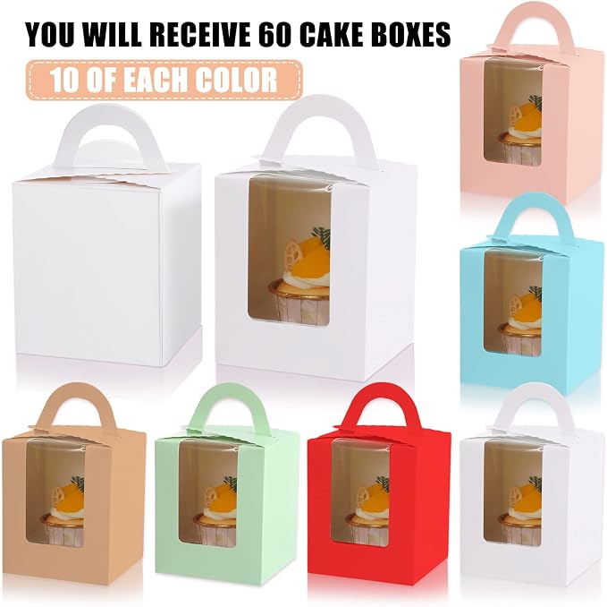 Ctosree 60 Pcs Individual Cupcake Boxes Single Colourful Cupcakes Containers with Insert Window and Handle Kraft Cupcake Holders Portable Cupcake Carriers for Bakery Wedding Party Favor (6 Colors)