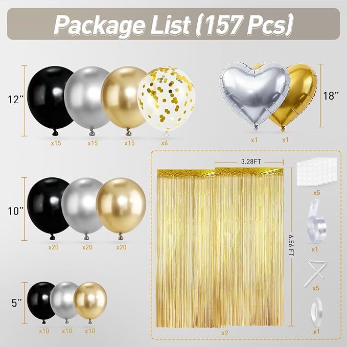 157Pcs Black Gold Silver Balloons Garland Arch Kit with Gold Fringe Curtain for New Year’s Eve Graduation Birthday Black Tie Gala Anniversary Wedding Party Decorations