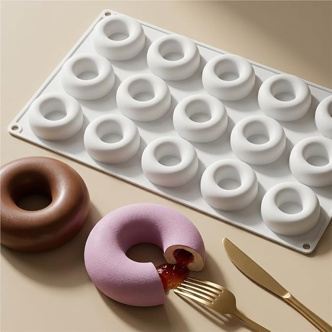 15 Cavity Mini Donut Ring Silicone Mousse Cake Mold, Round Hollow Circle Baking Mold, Non-Stick Food Grade Silicone Tray for Chocolate, Mousse, Ice Cream, Pudding, Dessert Pastry(White)