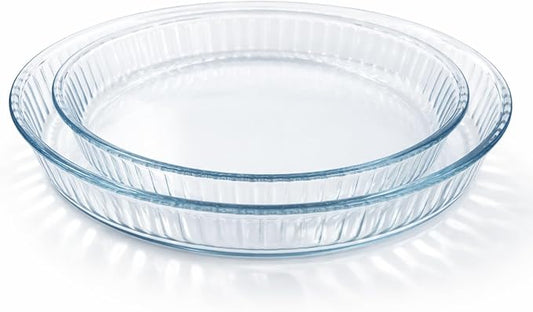 2-Piece Ums Round Glass Baking Dishes for Oven, Round Baking Dish, Glass Casserole Dish, Glass Pie Pan, Borosilicate Glass Cookware, Microwave and Dishwasher Safe Clear Bakeware, 12.5" & 10.2" Sizes