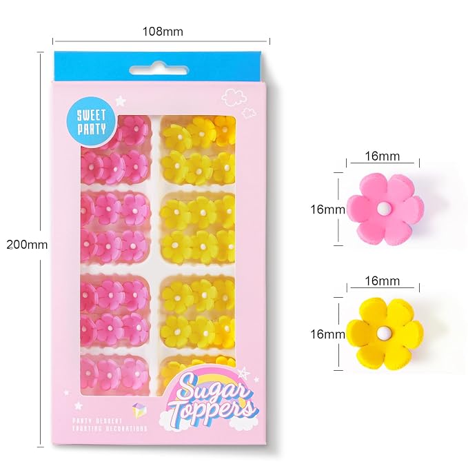 Edible Flowers Cake Decorations 48 Count Pink Yellow Blossoms Royal Icing Decorations Daisy Sugar Wedding Flowers for Baking Cupcakes Ice Cream Waffles Cookies Birthday Cake