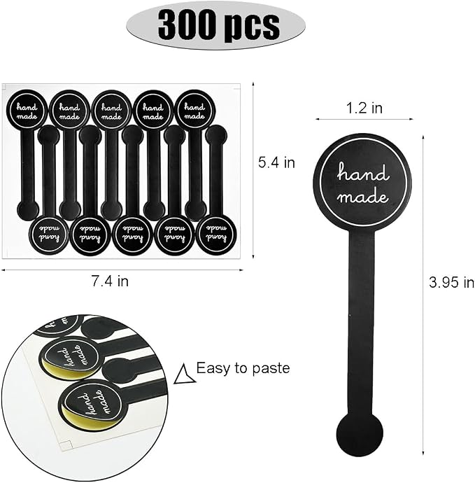 Handmade Food Baking Label Stickers,300pcs Handmade Food Long Baking Seal Labels,Retail Package Black Bakery Sticker Sealing Labels Tamper-Proof Sticker for Lollipop Candy Bread