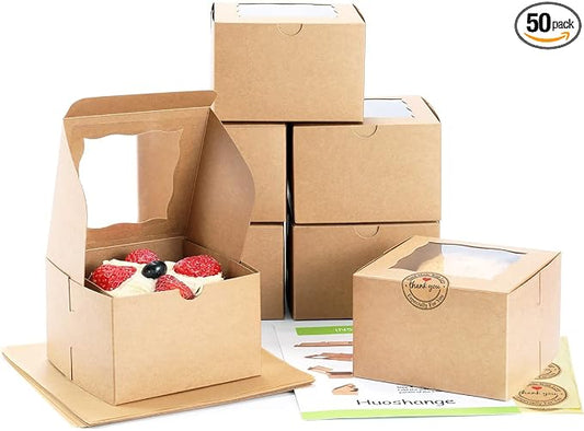 Cookie Boxes with Window 4.5x4.5x3 Inch-50 Pack Premium&Oil Resistant,Brown Bakery Box,Mini Treat Boxes for Mini Bundt Cake and Individual Cheesecakes