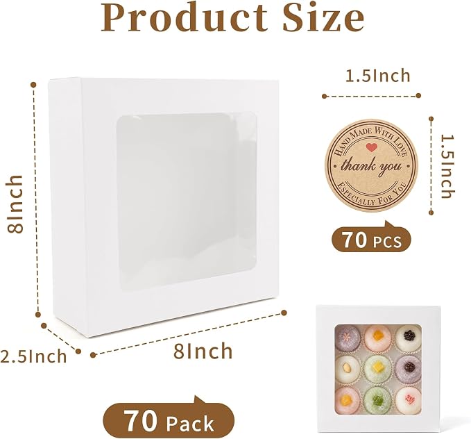 Homrelaxy 70 Pcs White Bakery Boxes with Window - 8x8x2.5 Inches Cardboard Cookies Boxes with Stickers for Macaroon, Pastries, Donuts, Cupcakes, Cookies and Chocolate Strawberries