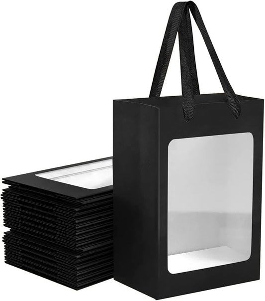 12Pcs Black Paper Gift Bags with Transparent Window, 9.84"x7.0"x5.12" | Kraft Shopping Bags with Handles for Bouquet Christmas Birthdays Festivals Party Weddings Wrapping