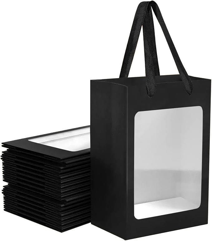 5Pcs Black Paper Gift Bags with Transparent Window, 9.84"x7.0"x5.12" | Kraft Shopping Bags with Handles for Bouquet Christmas Birthdays Festivals Party Weddings Wrapping