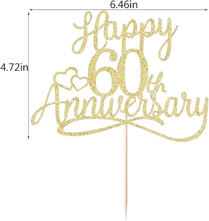Sleyberoy Gold Glitter Happy 60th Anniversary Cake Toppers -Wedding Anniversary Party Decorations, 60th Wedding Anniversary, Company Anniversary Party, Birthday Party Decorations (60 Gold)