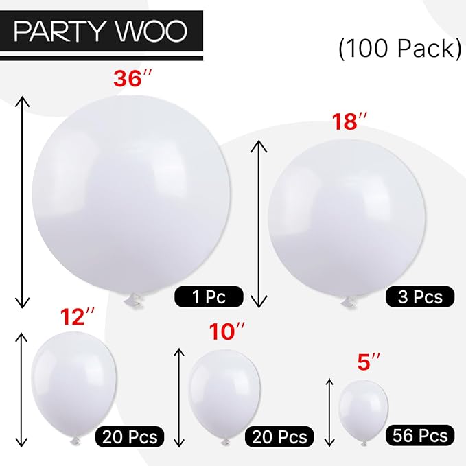 PartyWoo White Balloons 100 pcs Different Sizes Pack of 36 18 12 10 5 Inch Matte White Latex Balloon Arch Kit Garland for Wedding Bridal Graduation Baby Shower Birthday Party Decorations White-Y13