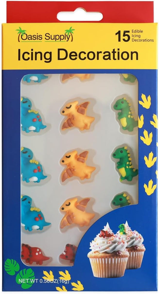 Oasis Supply Edible Dinosaur Cake & Cupcake Toppers – Royal Icing Dino Decorations in Red, Green, Blue & Yellow – Cute Edible Prehistoric Designs for Kids’ Birthday Cakes, Cupcakes & Party Treats