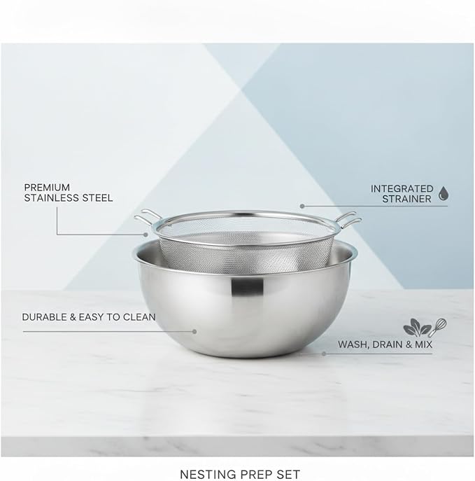 Stainless Steel Mixing Bowl Set with Nested Strainer, 2-in-1 Prep Basin for Washing, Draining, and Mixing