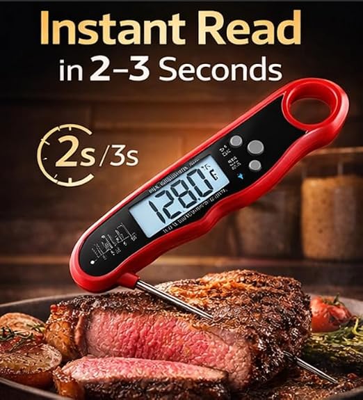 Digital Instant Read Meat Thermometer for Cooking, Fast Accurate Food Thermometer with Backlit Display and Stainless Steel Probe, Perfect for BBQ, Grill, Kitchen, Steak, Turkey, Chicken, and Baking
