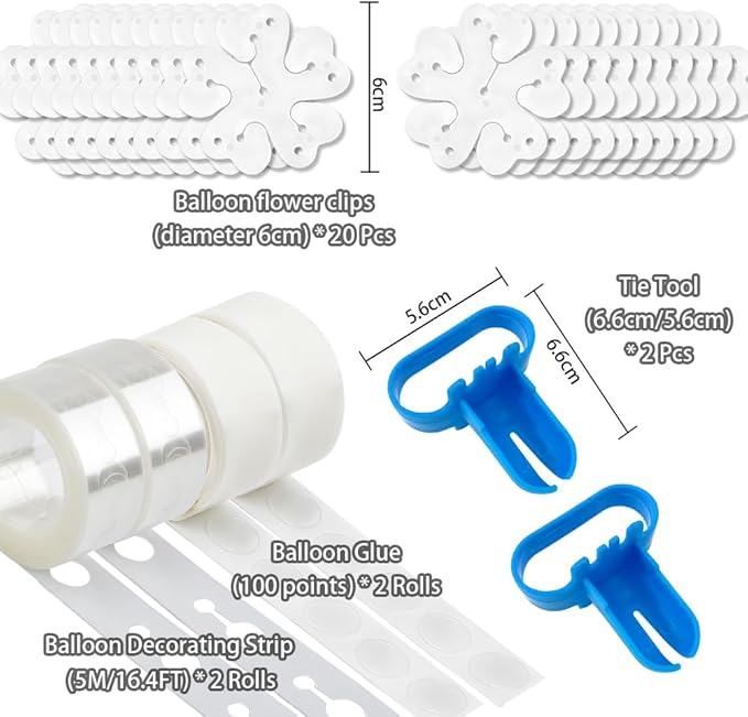 Balloon Arch Kit - 20pcs Balloon Flower Clips & Tying Tool & 32.8ft Tape Strip & 200 Glue Points for Parties