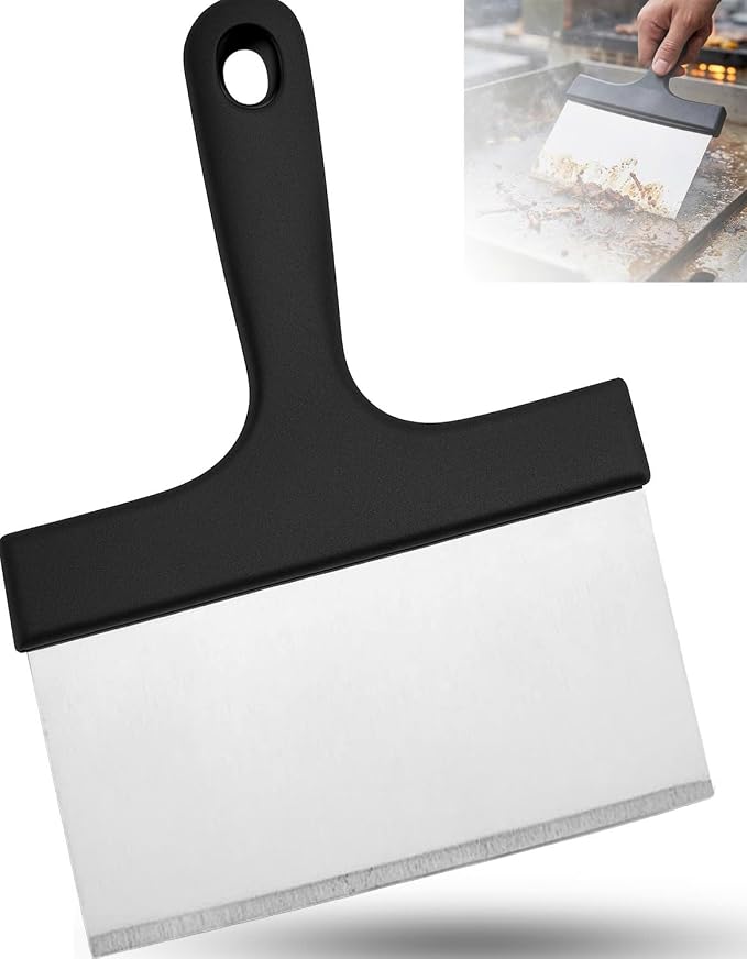 Grill Scraper, Stainless Steel Food Scraper with Handle – Heavy Duty Grill Scraper for Outdoor Grill, Flat Top Grill Cleaner, BBQ Tools & Accessories for Easy Grease and Stain Removal (Style 02)