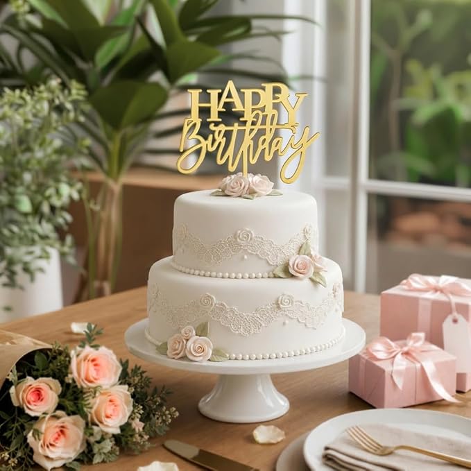 Happy Birthday Cake Topper, Acrylic 7.5" x 6", Mirror Gold | Premium 2mm Acrylic, Large size, Classic Cake Decoration, Luxurious High-Gloss Finish