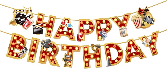Zwiebeco Movie Night Happy Birthday Banner Film Themed Sign Hanging Paper Party Decoration for Hollywood Cinema Accessories Supplies Favors