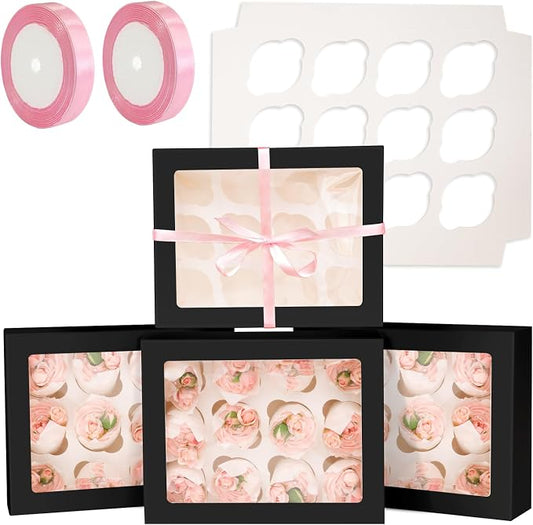 qiqee Auto-pop Up Cupcake Boxes with Window Black 40PCS 12 Count Cupcake Box 13"x10"x3.5" Cupcakes Carrier, 12 Cupcake Containers with 2 rolls of pink ribbons