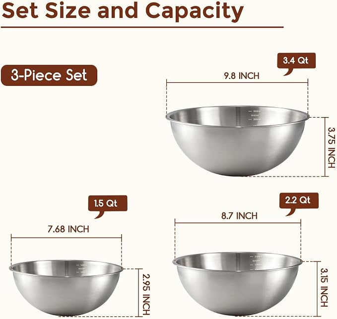 Gronivex 304 Stainless Steel Mixing Bowls, 3-Piece (1.5, 2.2 & 3.4 Qt) | Thicker-Gauge, Food-Grade Metal, Stackable Nesting & Space-Saving – For Kitchen Baking, Salads, Meal Prep, RV & Camping
